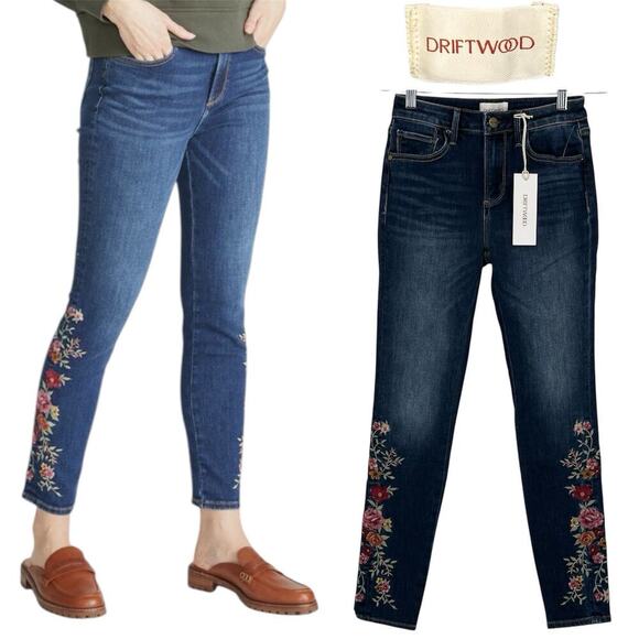 NWT Driftwood Jackie Floral Embroidered Slim Fit High Rise Jeans Sz 24 Bohemian - Picture 1 of 13